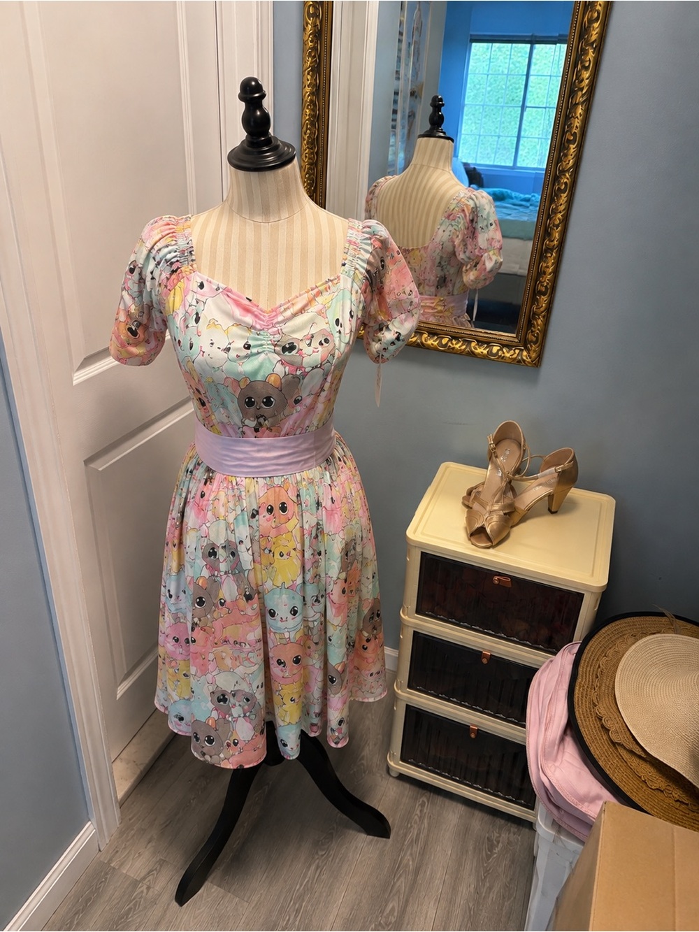 Unique Vintage Pastel Multicolor Cat-Print Puff Sleeve Mini Dress